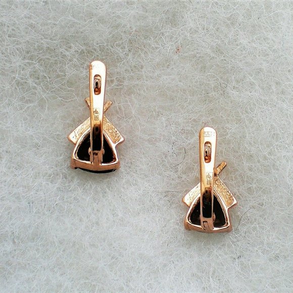 Russian Russia 14K 585 Rose Pink Gold Smokey Topaz Triangle Pierced Earrings - Picture 4 of 6